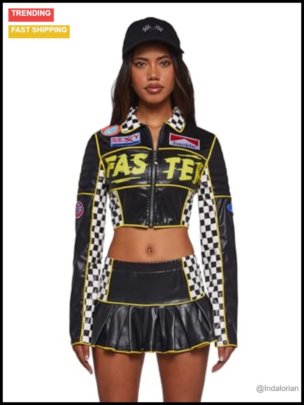 Women's Faux Leather Racer Costume Crop Jacket Skirt Cap Halloween Cosplay